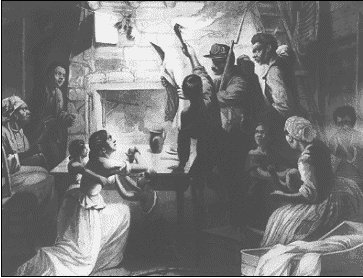 A Union soldier reads the Emancipation Proclamation to newly   				freed slaves